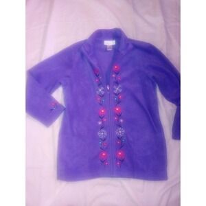 Susan Graver Style Small Purple Fleece Floral Embroidered Zip Jacket Long‎